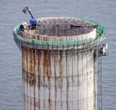 Aerial view, construction site with dismantling work on a tower of the Voerde power plant, Möllen,