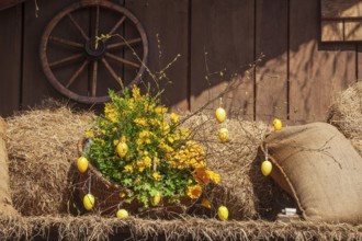 Easter eggs, artificial flowers and flour sacks as decoration at the Bremer Osterwiese folk