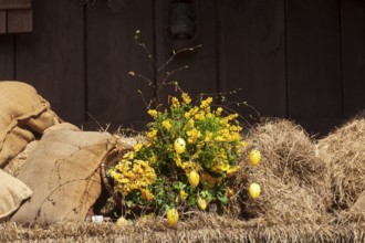 Easter eggs, artificial flowers and flour sacks as decoration at the Bremer Osterwiese folk
