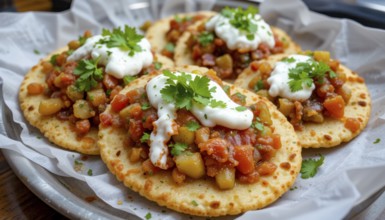 Close-up shot of appetizing tostadas topped with a flavorful mix of vegetables, creamy sauce, and
