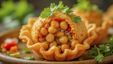 A vibrant image showcases a close-up of a crispy puri filled with chickpeas and vegetables, a