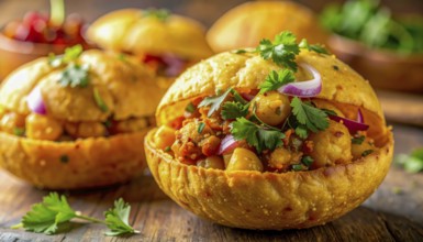 Close-up shot of Aloo Tikki Chaat, a popular Indian street food, served in a crispy bread bowl,