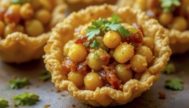 Close-up shot of a flavorful potato salad appetizer, presented in delicate pastry shells, perfect