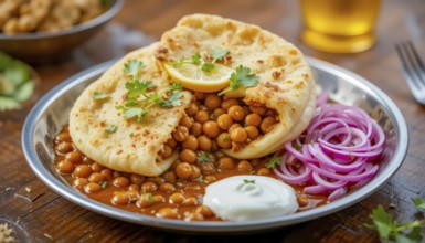 A vibrant image of Chole Bhature, a popular Indian dish, featuring fluffy bhature bread filled with