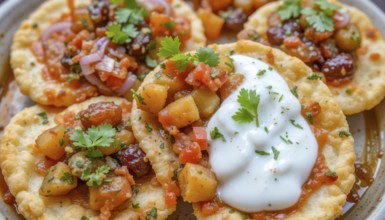 Close-up shot of Aloo Tikki Chaat, a popular Indian street food, topped with yogurt and fresh