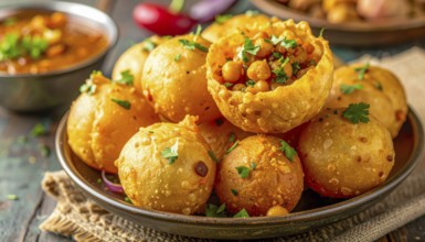 A close-up shot showcases a plate of Pani Puri, a popular Indian street food, filled with chickpeas
