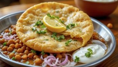 A close-up shot showcases a plate of Chole Bhature, a popular North Indian dish, with chickpeas,
