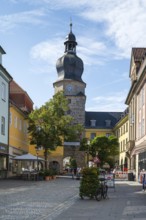 Pedestrian zone, stony path, Spitaltor, historic town gate, Coburg, Upper Franconia, Franconia,