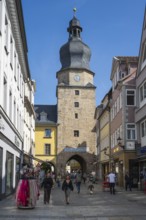 Pedestrian zone, Spitalgasse, Spitaltor, historic town gate, Coburg, Upper Franconia, Franconia,