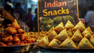 A vibrant image showcasing a street food stall in India, featuring a variety of delicious snacks,