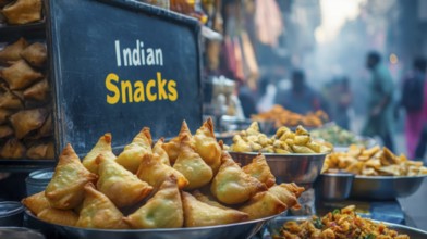 A vibrant shot of various Indian snacks, including samosas, displayed at a bustling street food