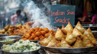 A vibrant street food stall offers a variety of Indian snacks, including golden samosas and other