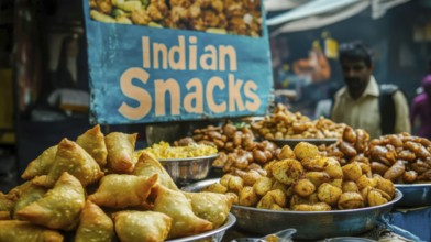 A vibrant street food stall showcases an array of delicious Indian snacks, including samosas and