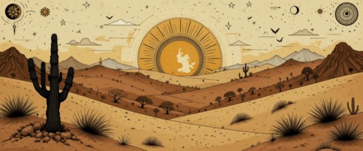 An artistic illustration depicts a desert landscape at sunset, featuring cacti, mountains, and