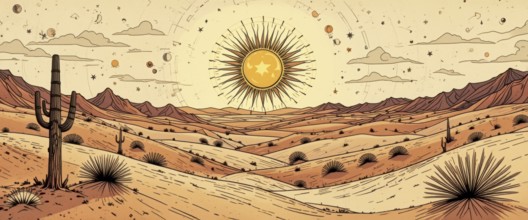 An illustration of a desert scene featuring a large sun, mountains, and a saguaro cactus under a