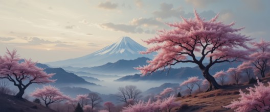 A picturesque scene of cherry blossom trees in full bloom with the iconic Mount Fuji in the