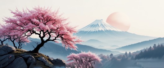 A stunning landscape captures the serene beauty of Japan, with vibrant cherry blossoms in full