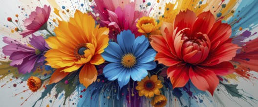 A stunning display of brightly colored flowers, including orange, red, and blue, against a white