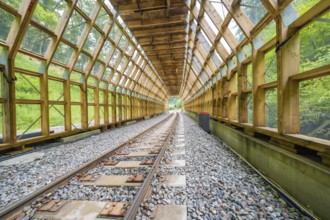 An open tunnel with a view of a green environment and an illuminated interior, construction of the