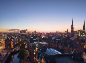 Aerial view of Hamburg's Speicherstadt warehouse district at sunset with a view of the