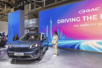 Exhibition stand of the Chinese manufacturer GAC, Guangzhou Automobile Group. Model Aion V. IAA