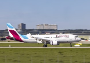 Stuttgart Airport with aircraft on landing. Aircraft registration: D-AEWK, Eurowings, Airbus