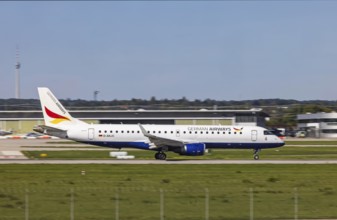 Stuttgart Airport with aircraft on the runway. Aircraft registration number: D-AKJC, German