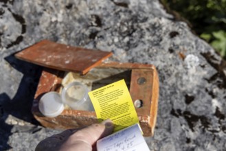 Geocaching, very obvious hiding place in the area of the Swabian Alb Biosphere Centre. The GPS