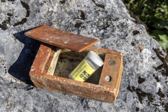 Geocaching, very obvious hiding place in the area of the Swabian Alb Biosphere Centre. The GPS
