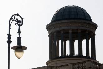 Old gas lantern and dome of the Stüler building backlit, Spandauer Damm, Charlottenburg, Berlin,