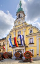 Historic town hall with beer barrels on the market square in the old town, beer town Kulmbach,