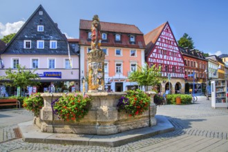 Zinsfelder fountain on the Holzmarkt in the old town centre, beer town Kulmbach, Maintal, Upper