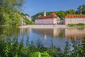 Danube bank with view of Weltenburg monastery in front of the Danube breakthrough, Kelheim, Danube