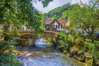 Historic stone bridge in the town centre, Wirsberg, Schorgast valley, Upper Franconia, Franconia,