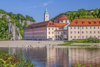 Danube bank with view of Weltenburg monastery in front of the Danube breakthrough, Kelheim, Danube