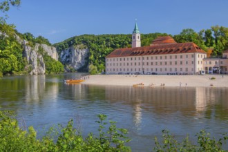 Danube bank with view of Weltenburg monastery in front of the Danube breakthrough, Kelheim, Danube
