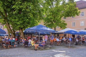 Beer garden in the inner courtyard of Weltenburg Abbey, Kelheim, Danube Valley, Lower Bavaria,