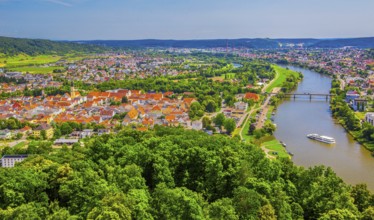 View of the town and the Danube from the Liberation Hall, Kelheim, Danube Valley, Lower Bavaria,
