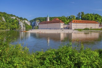 Danube bank with view of Weltenburg monastery in front of the Danube breakthrough, Kelheim, Danube