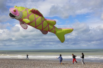 Kite festival on the beach, international kite festival, kite in the shape of a fish, Dieppe,