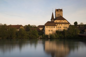 Castle, Bern, Switzerland, river, Aare, Aarwangen, sunset, quiet
