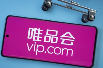 Dhaka, Bangladesh- 03 July 2025: Smartphone screen showing the vip.com logo with shopping cart