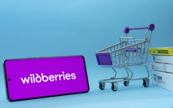 Dhaka, Bangladesh- 03 July 2025: Smartphone with Wildberries logo next to a small shopping cart and