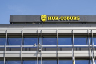 HUK-Coburg, insurance, office building with logo, detail, Coburg, Upper Franconia, Franconia,