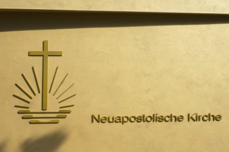 New Apostolic Church, facade with logo and lettering, Coburg, Upper Franconia, Franconia, Bavaria,