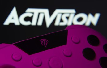 Dhaka, Bangladesh- 23 Sep 2025: A close-up of a gamepad with the Activision seen on screen in the