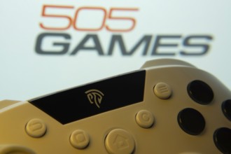 Dhaka, Bangladesh- 23 Sep 2025: A close-up of a gamepad with the 505 Games seen on screen in the
