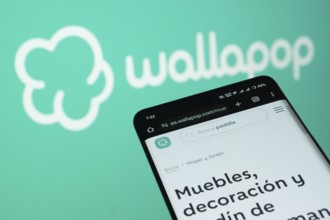 Dhaka, Bangladesh- 03 July 2025: Smartphone displaying Wallapop web interface against wallapop logo