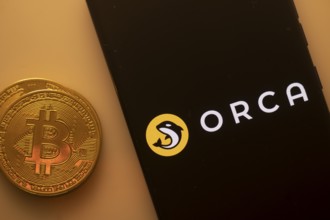 A Bitcoin and Orca logo on a black screen with a yellow circle