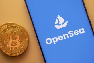 A Bitcoin coin next to an OpenSea logo on a blue background